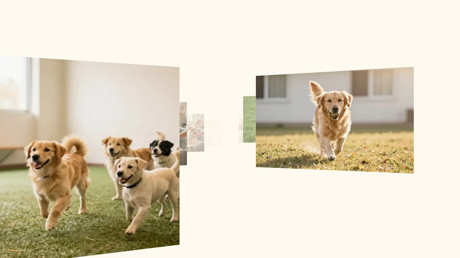 A corridor of pet care photographs receding into soft light: daycare play, a retriever running with a ball, a groomer at work